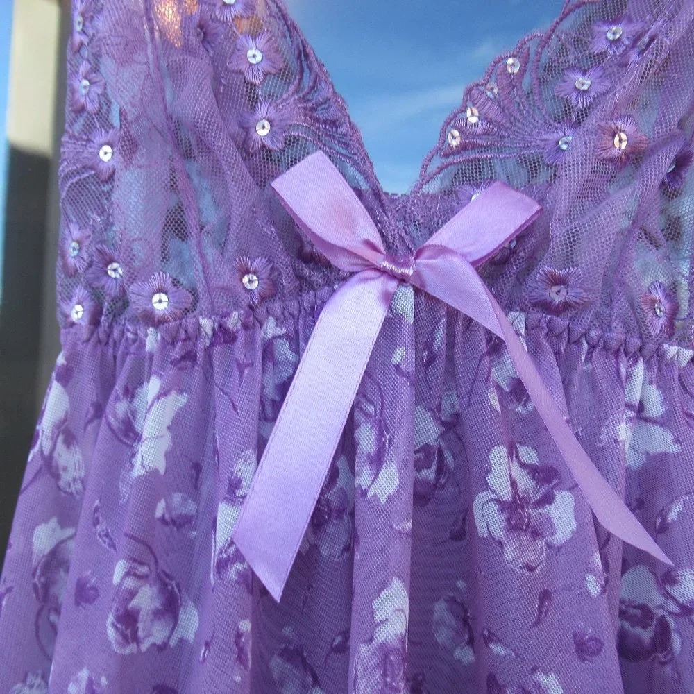 sheer floral nighty panty set embroidered & sequin accent size S - Picture 6 of 15